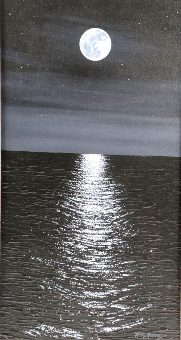 Phillip Anthony (American, b. 1978) "Reflecting on the Night": Phillip Anthony (American, b. 1978) Reflecting on the Night Acrylic painting on canvas 24" H x 12" W Framed: 32 3/4" H x 21" W An acrylic painting on canvas titled Reflecting on the