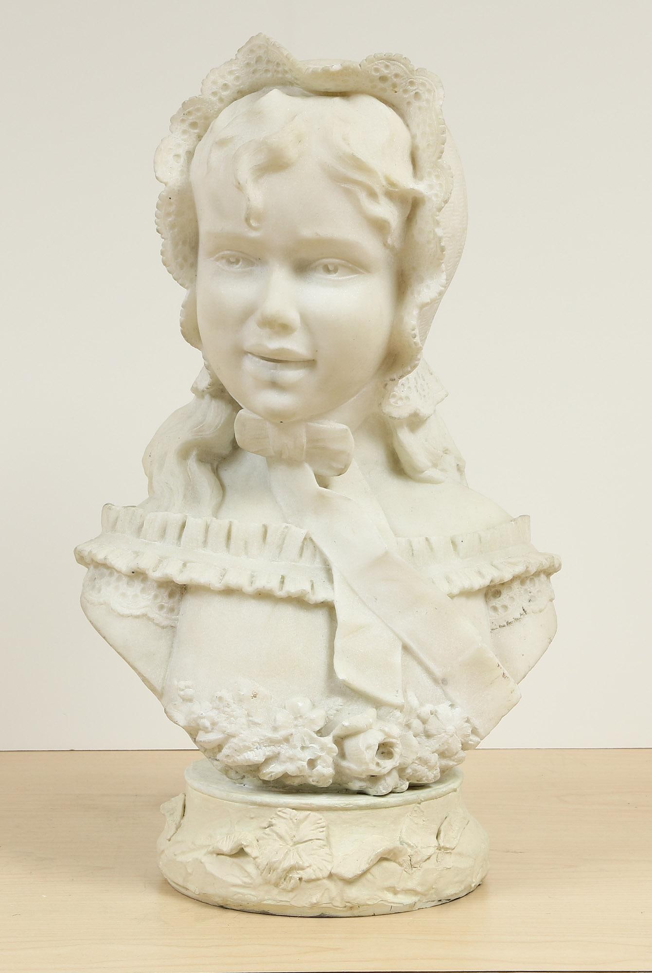 French Marble Bust Sculpture: French Marble Bust Sculpture 18" H x 11" W A well-executed marble bust sculpture, carved with refined detail and balanced proportions, unsigned. Condition: Overall excellent condition. Please