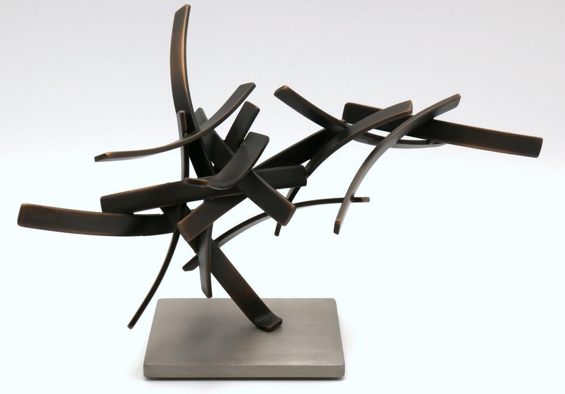 Matt Devine "18-8" Bronze, Stainless Steel Sculpture: Matt Devine (American, b. 1975) 18-8 2018 9" H x 14" W x 8" D Bronze and stainless steel sculpture composed in Devine’s abstract geometric style, with angular intersecting forms and 
