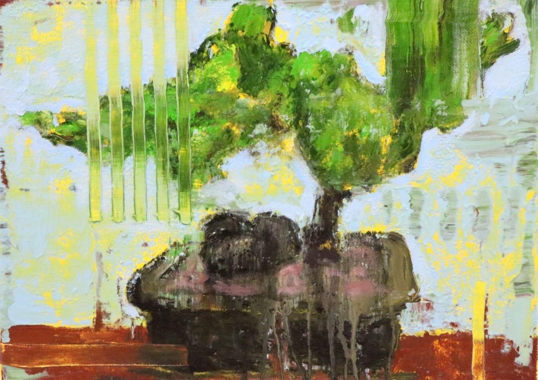 Aaron Fink (American, b. 1955) Oil on canvas: Aaron Fink (American, b. 1955) Untitled Oil on canvas Dated 2006 9" H x 12" W This oil on canvas painting by American artist Aaron Fink presents a compact composition, executed with