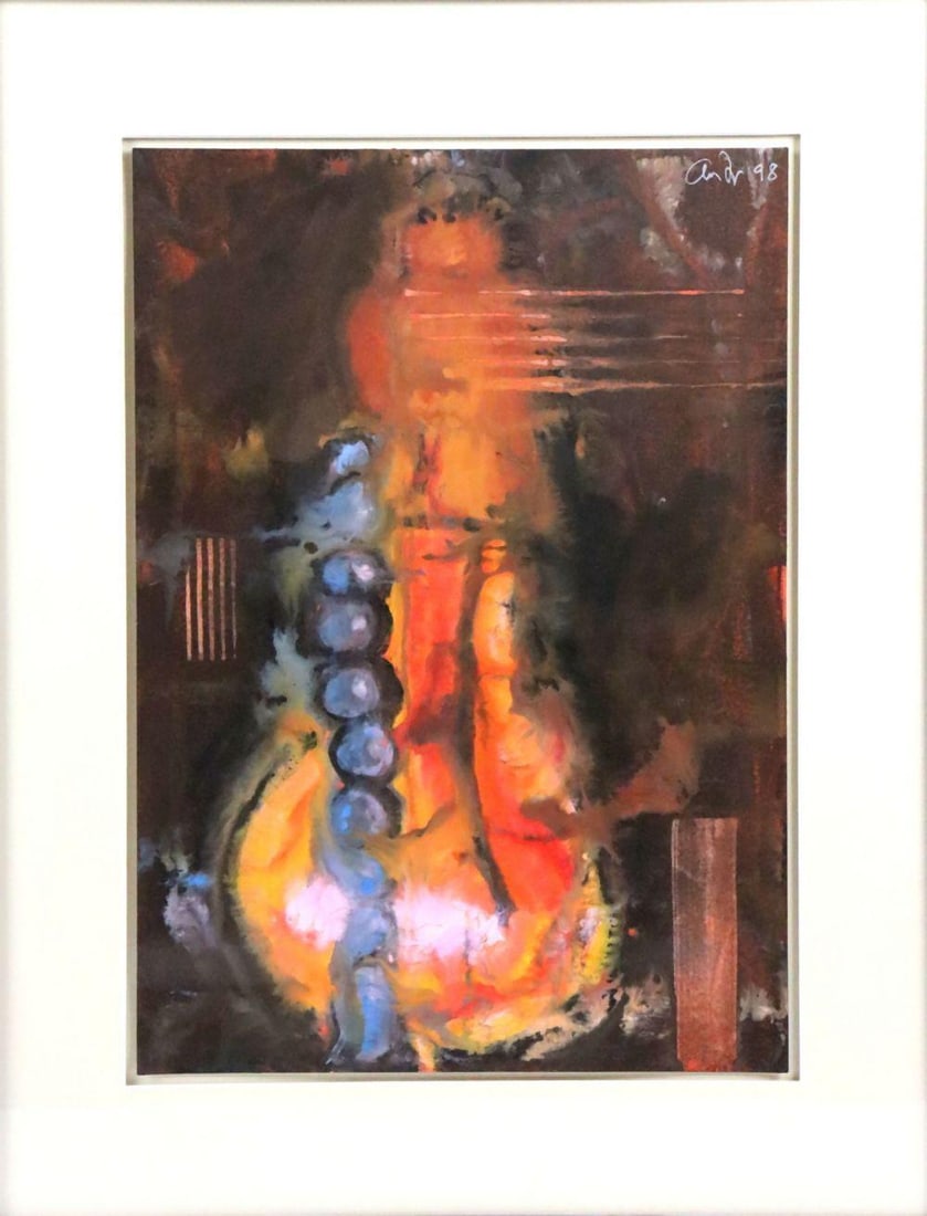Aaron Fink (American, b. 1955) Acrylic on Paper: Aaron Fink (American, b. 1955) Untitled Acrylic on paper Dated 1998 28" H x 22" W (framed) This acrylic on paper work by American artist Aaron Fink presents a figurative composition, rendered