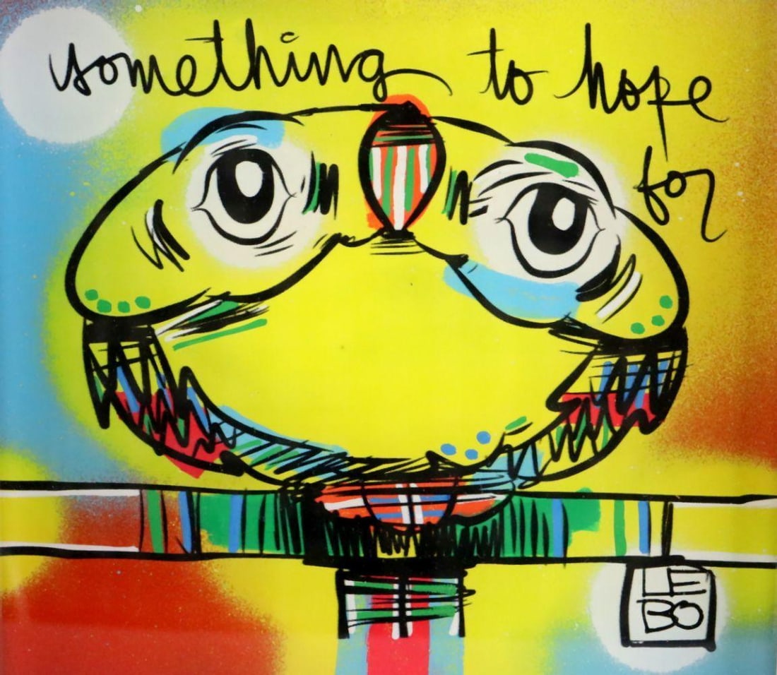 David Le Batard (LEBO) (American, 1972-2023) "Something to Hope For": David Le Batard (LEBO) (American, 1972–2023) Something to Hope For Painting on plexiglass 7 1/2" H x 7 1/2" W Framed: 16" H x 16" W A painting on plexiglass by American artist Da