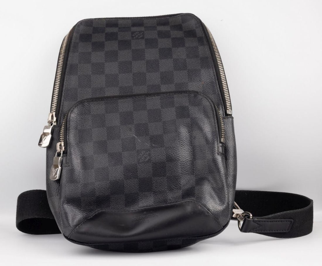 Louis Vuitton Avenue Damier Graphite Sling Bag: Louis Vuitton Avenue Damier Graphite Canvas Sling Bag French Contemporary 12 1/2" H x 8 1/2" W x 2" D A Louis Vuitton Avenue sling bag crafted in Damier Graphite canvas, featuring a stream