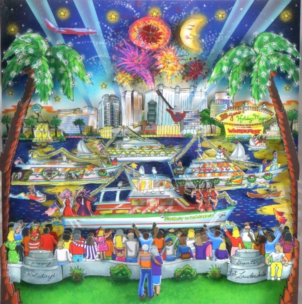 Charles Fazzino "South Florida Boat Parade" 3-D Serigraph: Charles Fazzino (American, b. 1955) South Florida Boat Parade 3-D serigraph Numbered 26/135 DX Signed lower right 14 1/2" H x 14 1/8" W Framed: 23" H x 22 1/2" W A colorful 3-D serigra