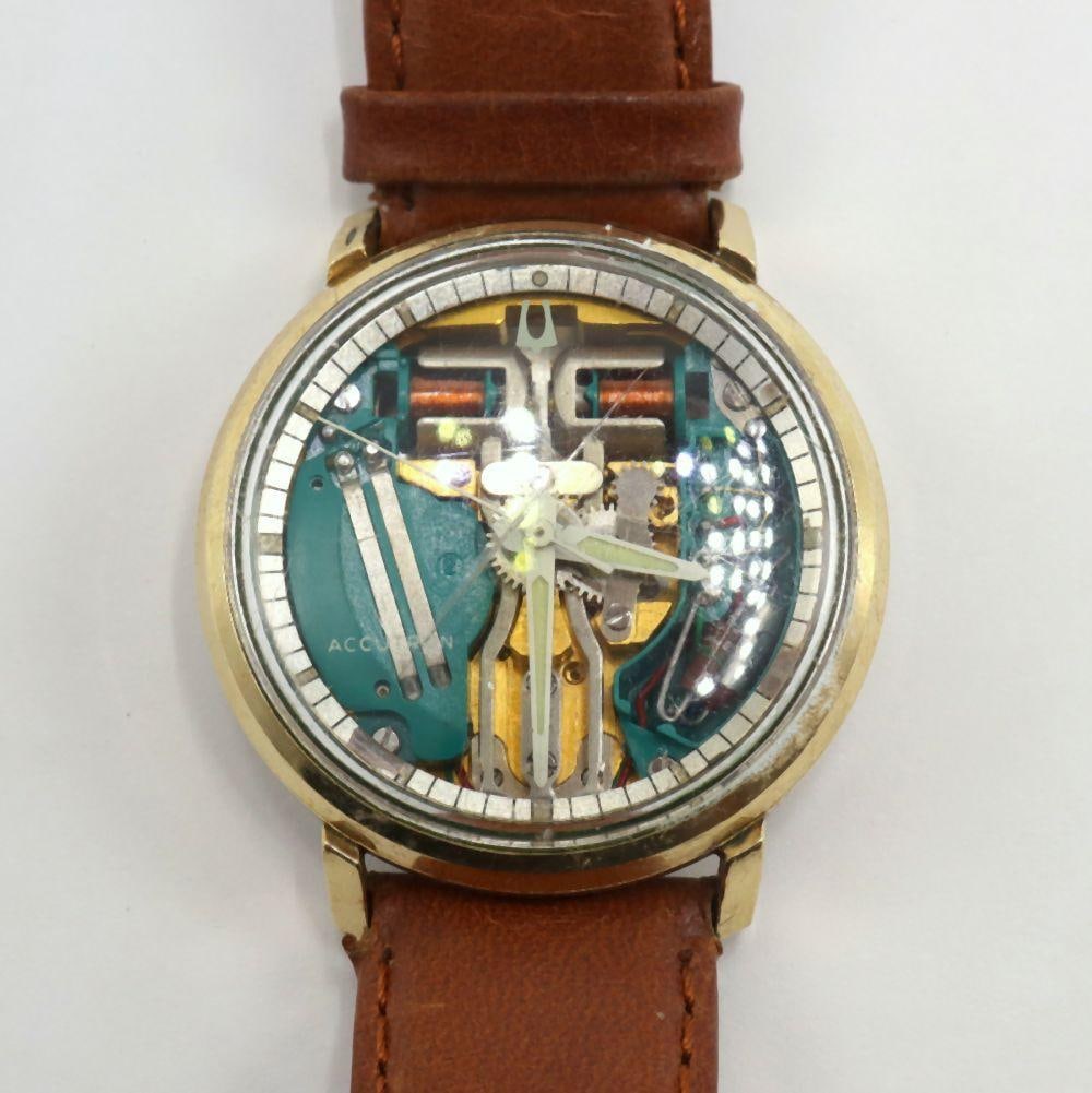 Bulova Accutron Spaceview Wristwatch: Bulova Accutron Spaceview Wristwatch Gold-filled case with stainless steel back, tuning fork movement, back-set Circa 1970 An iconic Bulova Accutron Spaceview wristwatch, showcasing the brand’s 