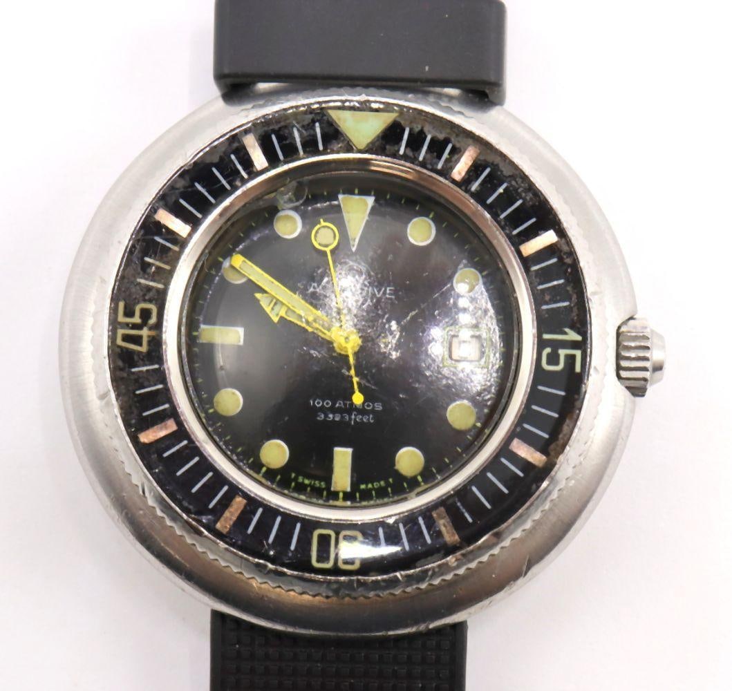 Aquadive 1000 Caribbean Triple Safe Professional Diving Wristwatch: Aquadive 1000 Caribbean Triple Safe Professional Diving Wristwatch Stainless steel case, Swiss made, 100 atmos water resistance Vintage A professional-grade diving wristwatch from Aquadive’s Car