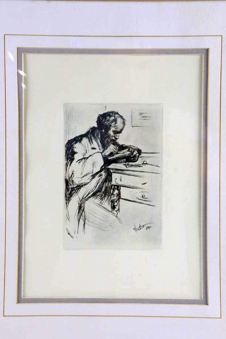 James Whistler "Riault the Engraver" Etching: James McNeill Whistler (American, b. 1834–d. 1903) “Riault the Engraver” Etching 12" H x 8 1/2" W Framed: 20" H x 17" W An etching titled “Riault the Engraver,&