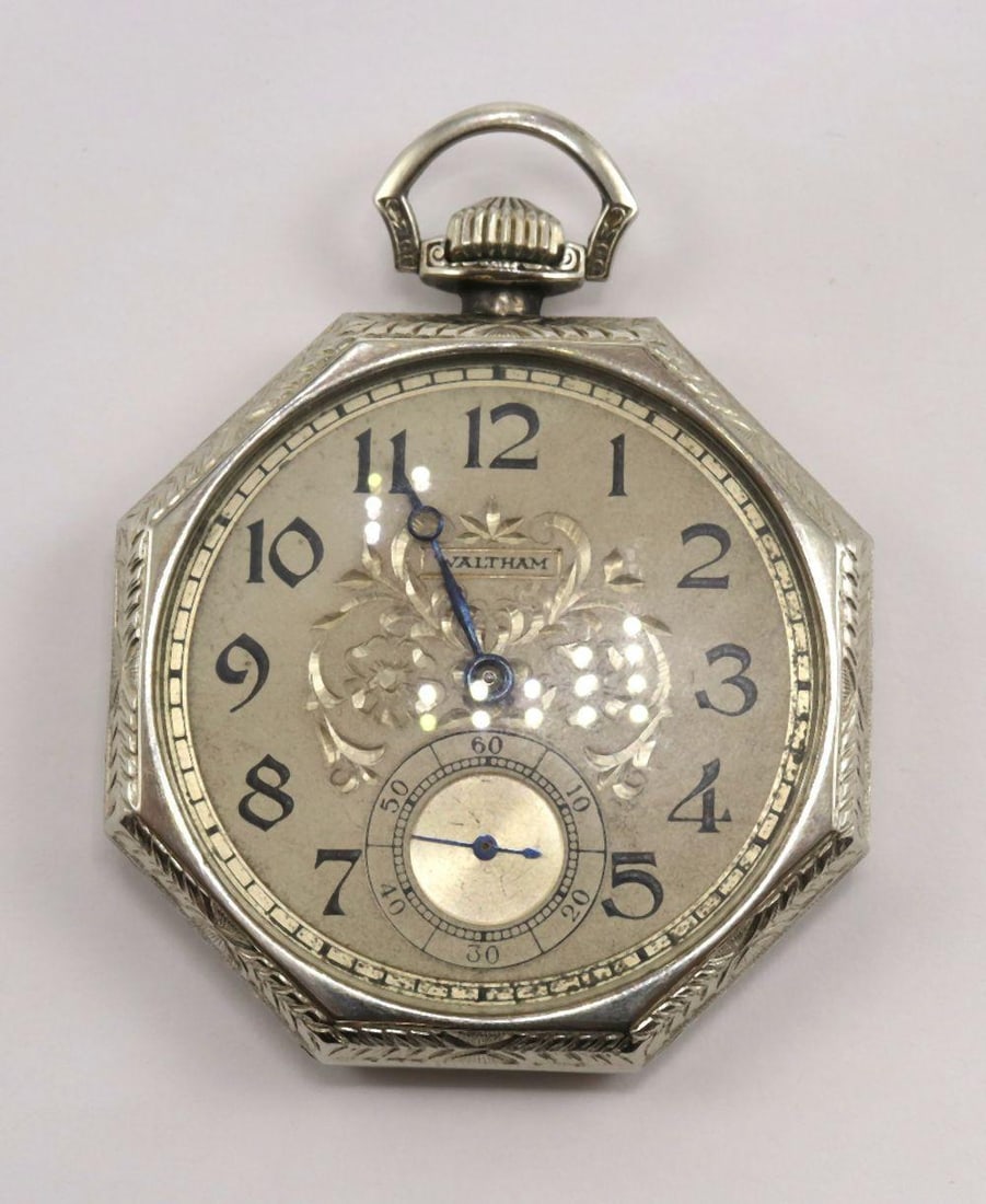 Antique Waltham 14Kt White Gold Pocket Watch: Waltham (American) Pocket Watch 14K white gold case, 17 jewel movement, 12 size, grade 225, swing-out movement 1927 Weight: 59.2 grams An antique Waltham pocket watch housed in a 14K white gold case, 