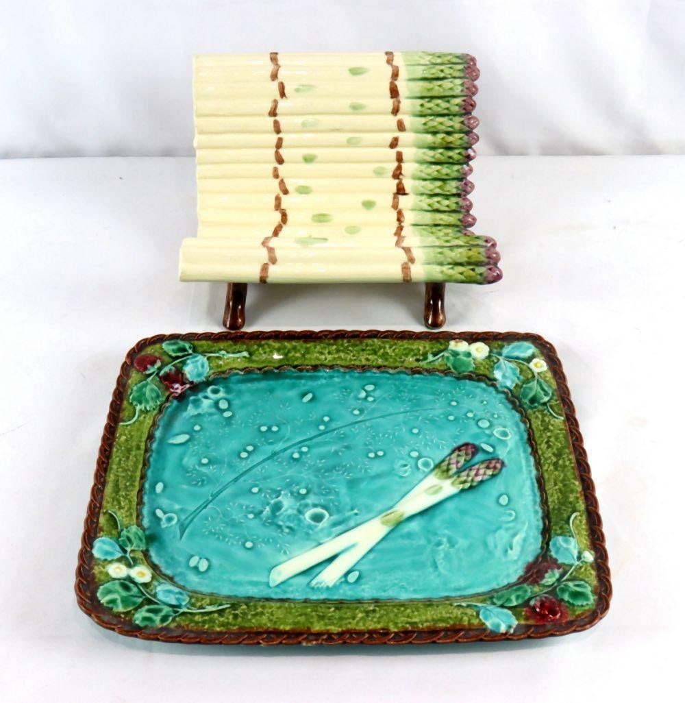 19th C. Luneville Majolica Asparagus Drainer & Plate Set: Luneville Majolica Asparagus Drainer and Plate Set 19th Century Drainer: 6" H x 9 1/2" W x 9" D Tray: 10 1/2" W x 13" L A majolica asparagus serving set comprising a drainer and ma