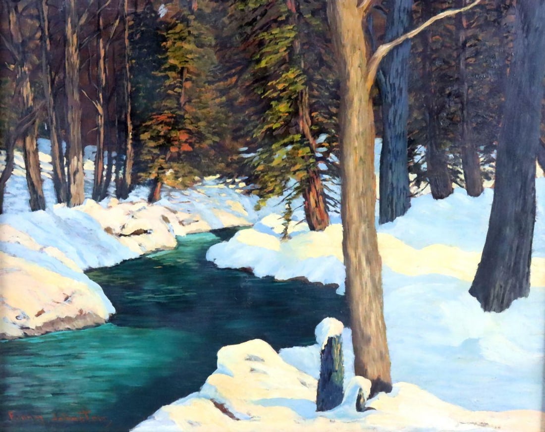 Attr. Franz Johnston Oil Painting on Panel: Attributed to Franz Johnston (Canadian, 1888–1949) Oil on panel 18" H x 22" W 26" H x 30" W (framed) Signed lower left. The composition presents a landscape scene rendered with e