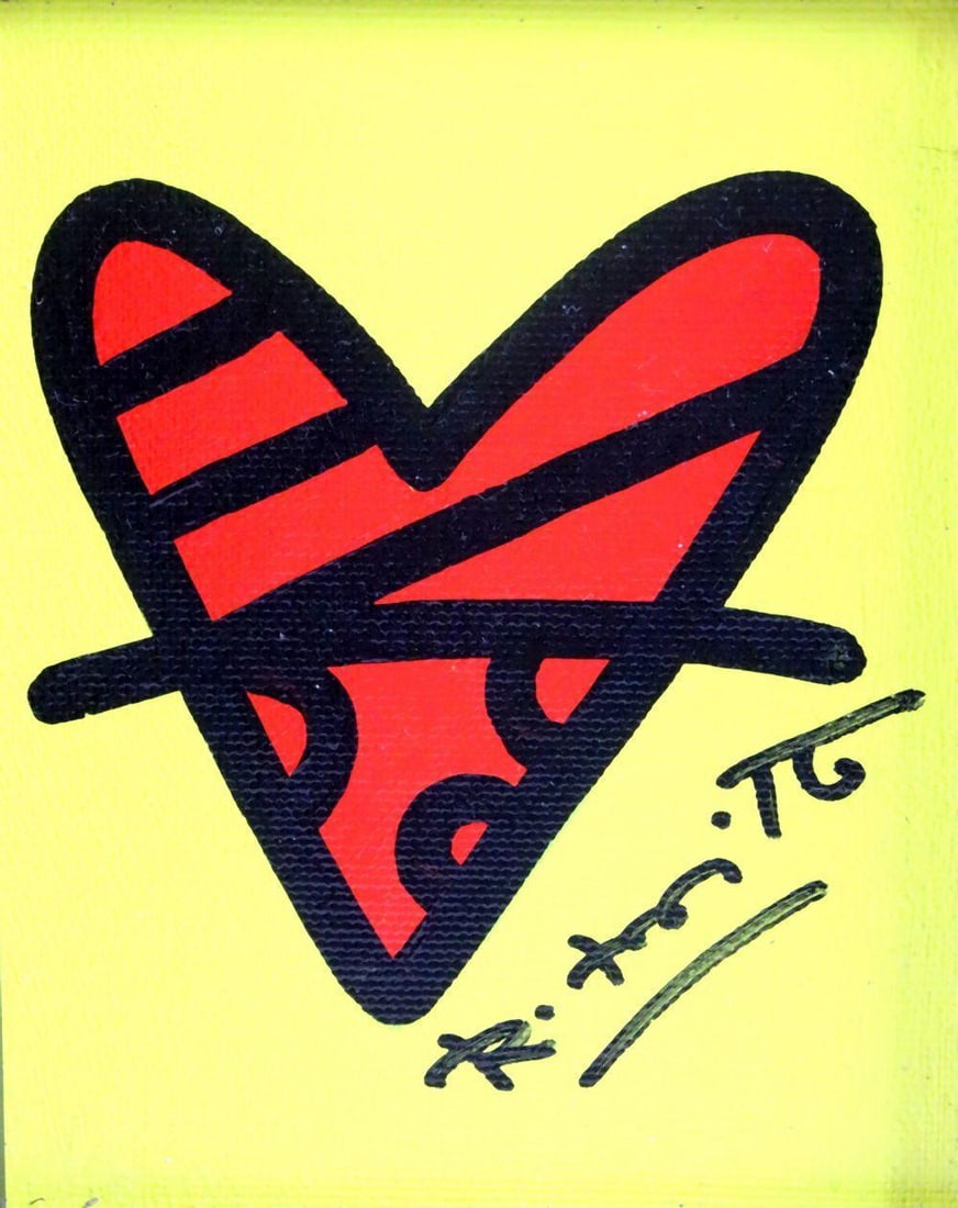 Romero Britto (Brazilian, b. 1963) "With Love" Acrylic Painting on Canvas: Romero Britto (Brazilian, b. 1963) With Love Acrylic painting on canvas 4 3/4" H x 3 3/4" W Framed: 13 1/2" H x 12 1/2" W An acrylic painting on canvas titled With Love by Brazilian ar