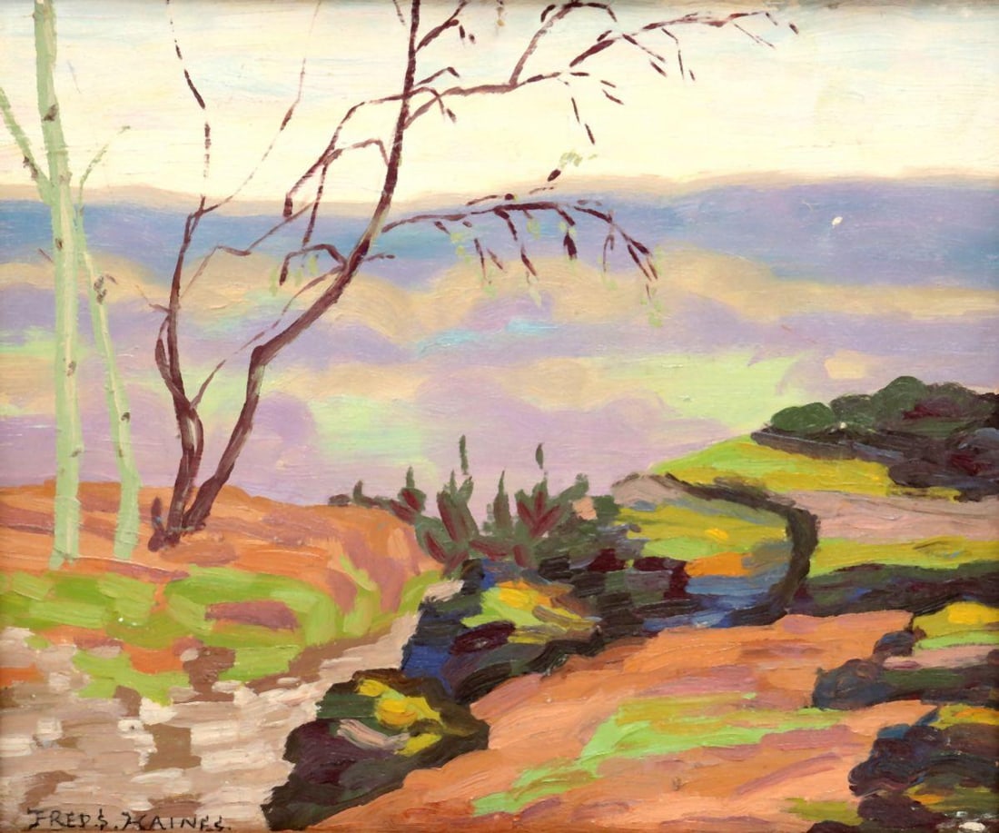 Attr. Frederick S. Haines Oil Painting on Panel: Attributed to Frederick S. Haines (Canadian, 1879–1960) Oil on panel 14" H x 15 1/2" W Signed lower left. The composition presents a landscape scene rendered with controlled brushwork an