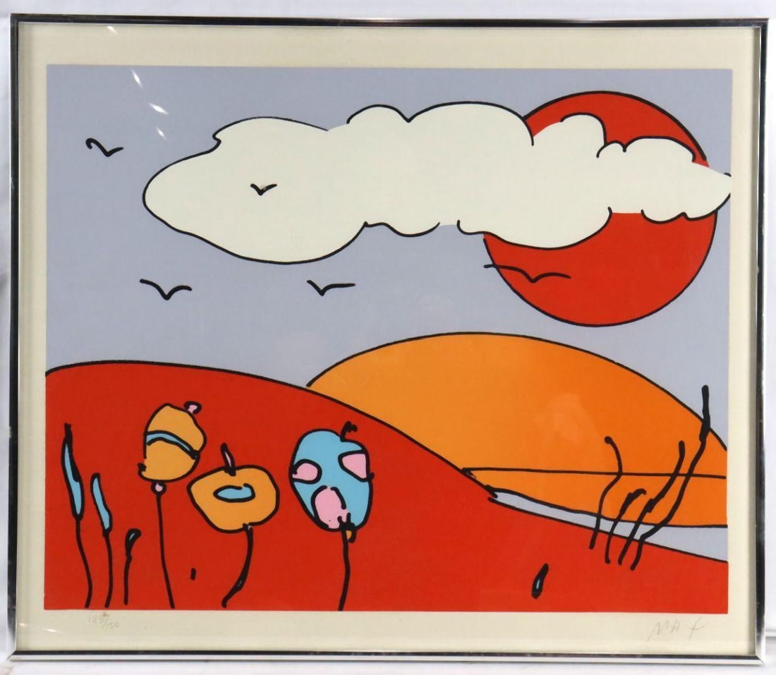 Peter Max (American, b. 1937) "Sun Moon Landscape" Serigraph: Peter Max (American, b. 1937) Sun Moon Landscape Serigraph on paper Signed lower right; numbered 129/250 Circa 1970s Framed: 22 1/2" H x 26 1/2" W A vibrant serigraph depicting a stylized land