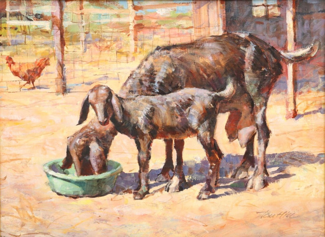 Tom Hill (American, b.1925) "Sophia and Aureliano" Oil Painting on Canvas: Thomas Hill (American, b. 1925) Sophia and Aureliano Oil on canvas 12" H x 16" W 18 1/4" H x 22" W framed An oil painting on canvas titled “Sophia and Aureliano,” depicting