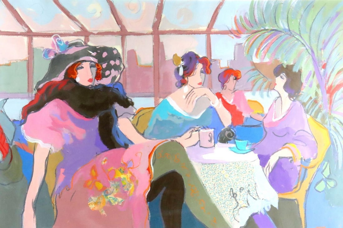 Isaac Maimon "Ladies Having Tea" Signed Serigraph: Isaac Maimon (Israeli, b. 1959) Ladies Having Tea Serigraph Late 20th century 45 1/2" W x 30" 62" W x 48" H framed A signed serigraph depicting an elegant scene of women gathered for t