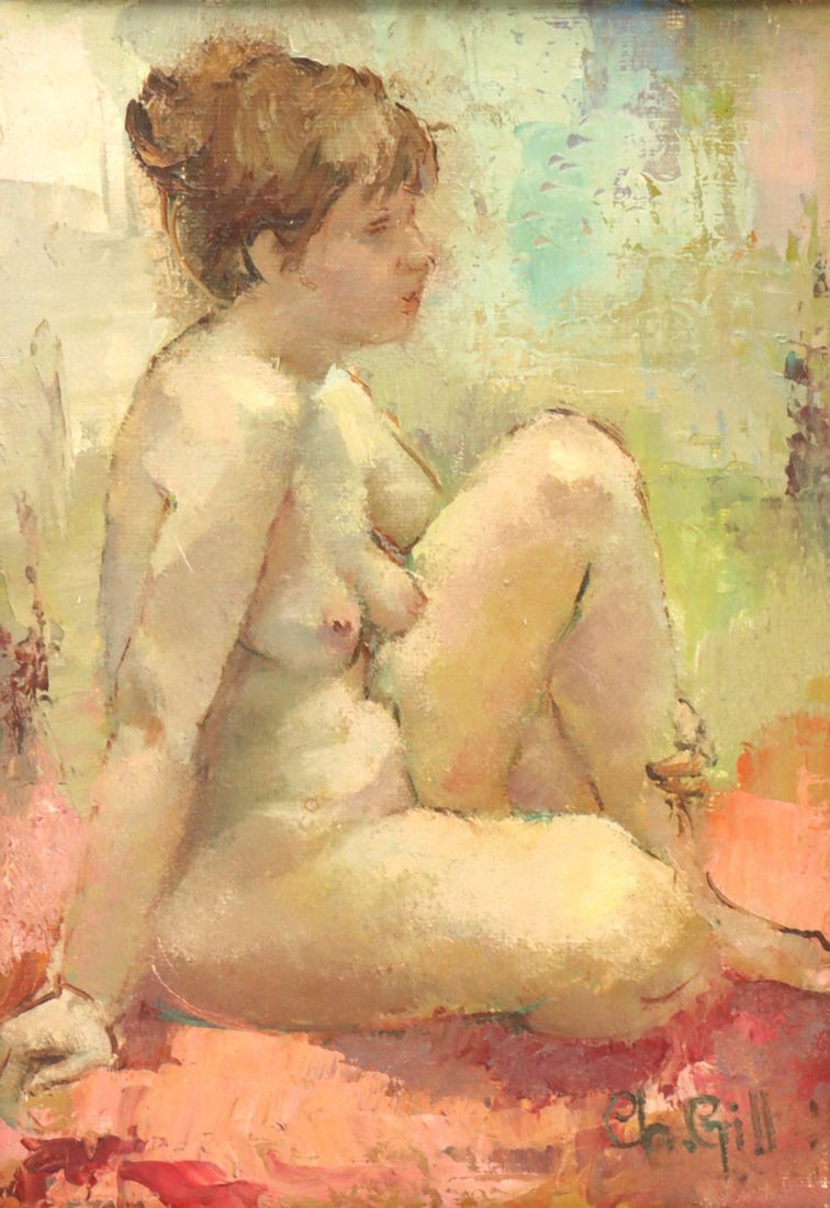 Signed Ch. Gill Artistic Nude Oil Painting on Canvas: Charles Gill (French, 1871–1918) Artistic Nude French Late 19th to early 20th century Image: 6" H x 8 1/2" W; Framed: 11" H x 13 1/2" W An oil on canvas depicting an artistic