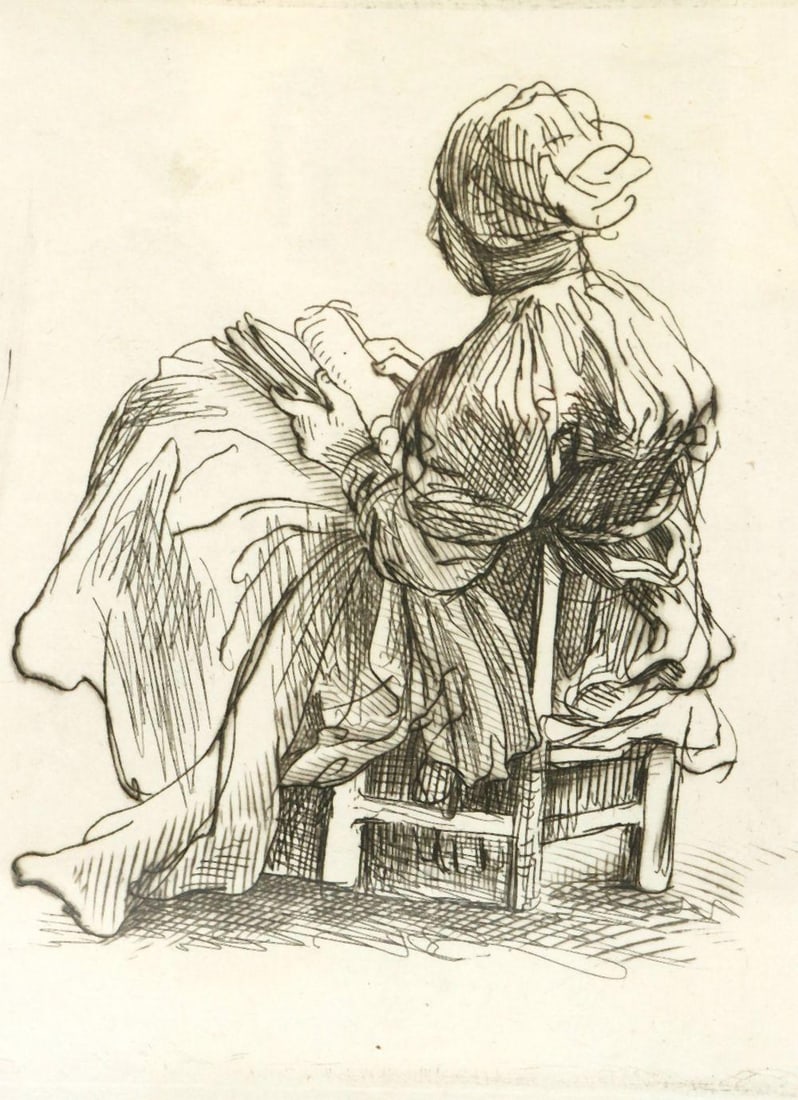 After Rembrandt "Woman Sitting" Etching: After Rembrandt (Dutch, 1606–1669) Woman Sitting Etching 20th century 4 1/4" W x 5" H An etching depicting a seated female figure, rendered with fine linework in the manner of