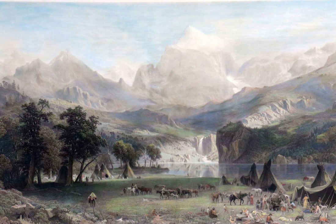 Albert Bierstadt "Rocky Mountain" Hand-Colored Chromo Lithograph: Albert Bierstadt (American, 1830–1902) Rocky Mountain Hand-colored chromolithograph 19th century 28 5/8" W x 19 3/4" H A hand-colored chromolithograph depicting a Rocky Mountain