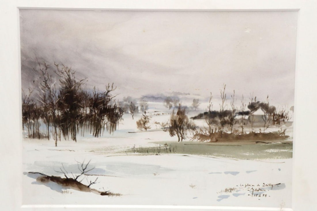 Yves De Mare "La Plaine de Bailly" Watercolor on Paper: Yves de Mare (French, 1923–1998) La plaine de Bailly 1978 Watercolor on paper 12" H x 9" W 20" H x 17" W framed A watercolor titled “La plaine de Bailly,” depicting a