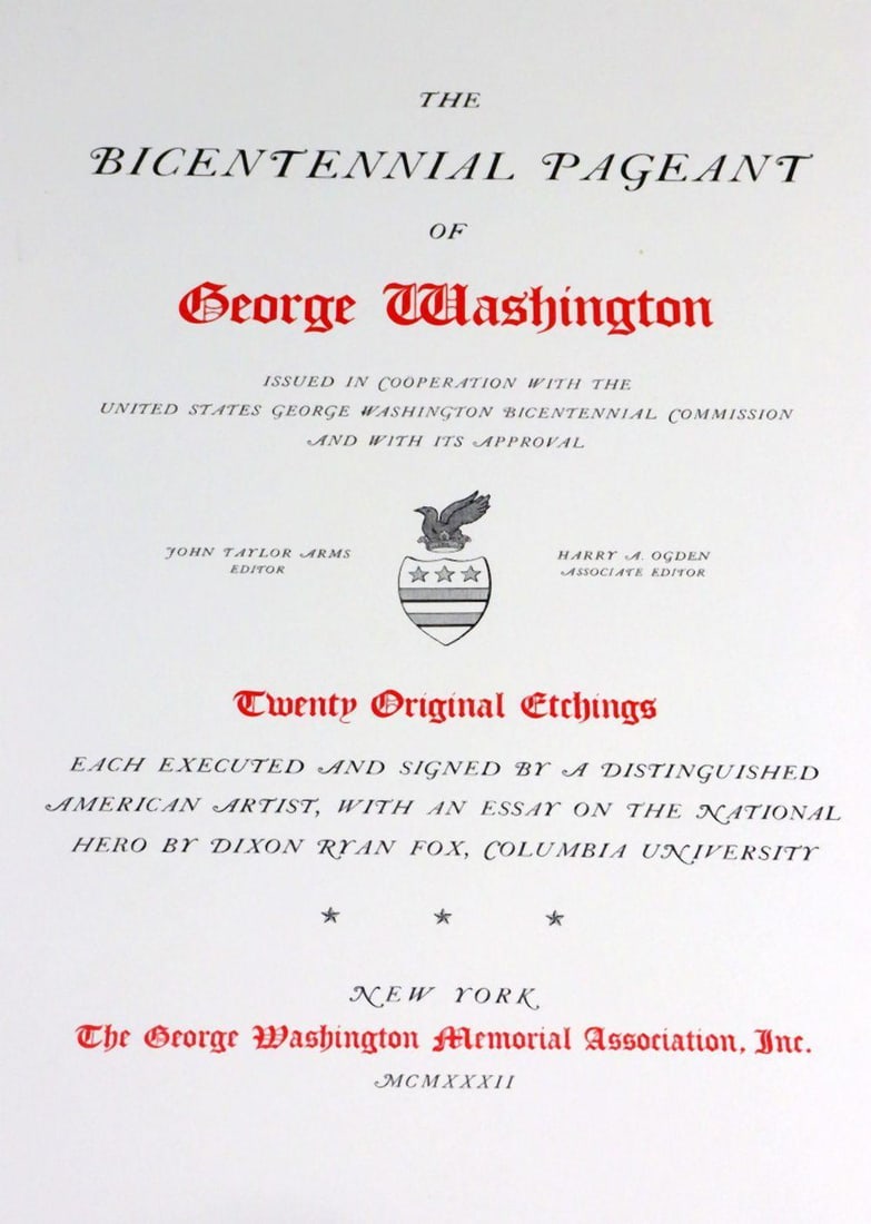 Large Etching Portfolio of the Bicentennial Pageant of George Washington: Bicentennial Pageant of George Washington Large Etching Portfolio Artworks measure approx. - 20" H x 15" W Portfolio measures approx. - 22" H x 17" W Includes Appraisal Report Documentation Plus 20 Or