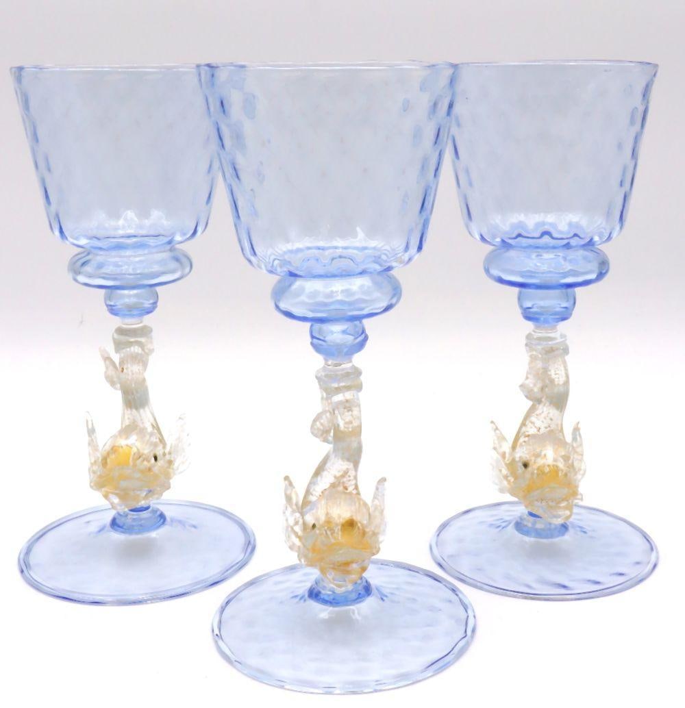 3 Pc. Vintage Salviati Venetian Hand Blown Murano Goblets: Salviati Venetian Hand Blown Murano Glass Goblets, Three Pieces Italian 20th Century A group of three Salviati Venetian hand blown Murano glass goblets, depicting fish in motion with gold fleck decora