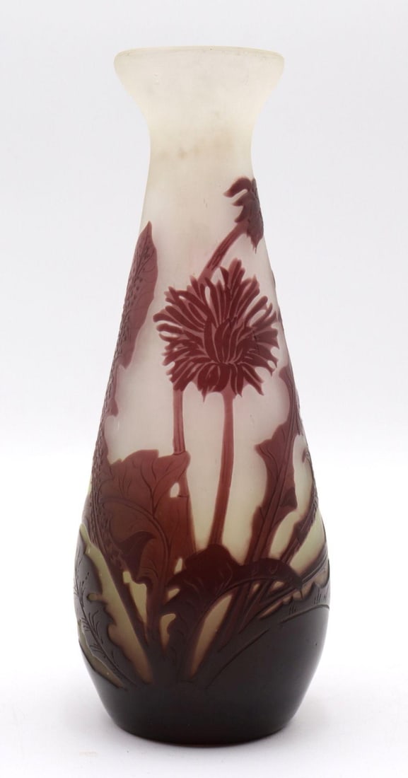 Emile Galle (French, 1846-1904) Cameo Glass Vase: Émile Gallé (French, 1846–1904) Cameo Glass Vase French Late 19th to early 20th century 8 1/4" H x 3 1/4" D A cameo glass vase by Émile Gallé, executed in purple and 