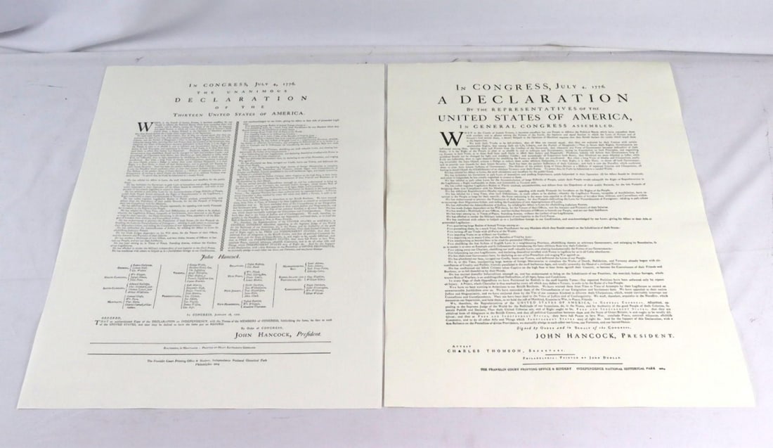 19th C. Declaration of Independence by Philadelphia Print Museum: Declaration of Independence Printed by the Philadelphia Print Museum Print on paper 19th century 22 3/4" H x 17 1/4" W A printed edition of the Declaration of Independence by Harper,