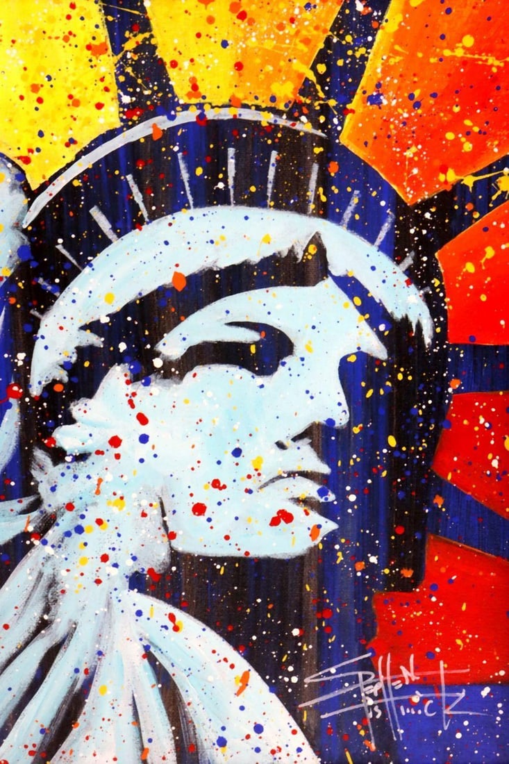 Stephen Fishwick (American, b. 1969) "Statue of Liberty" Acrylic on Canvas: Stephen Fishwick (American, b. 1969) Statue of Liberty Acrylic on canvas 13 1/2" H x 10 1/2" W Framed: 23" H x 20" W An acrylic on canvas painting titled Statue of Liberty by American
