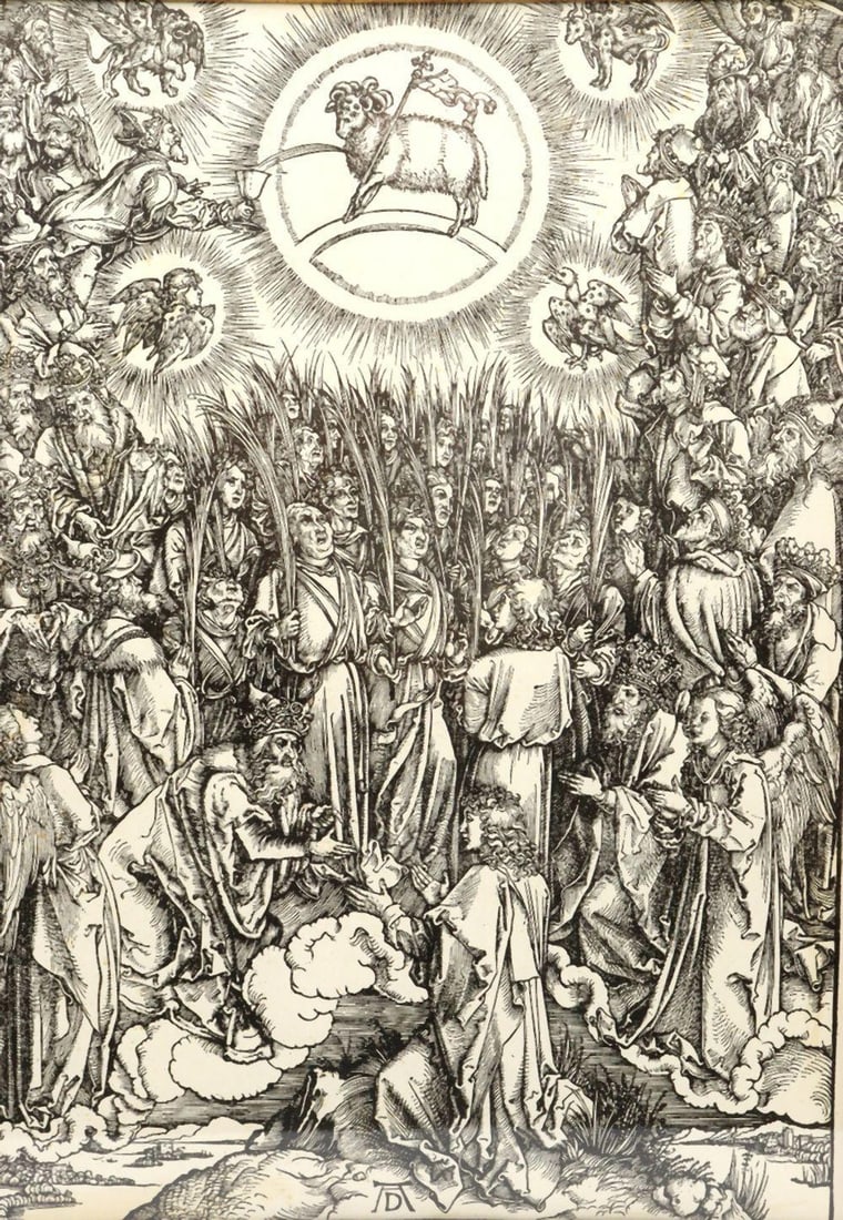Albrecht Durer "Adoration of the Lamb" Woodcut Engraving: Albrecht Dürer (German, 1471–1528) Adoration of the Lamb Woodcut engraving 15" H x 11 1/4" W A woodcut engraving depicting the “Adoration of the Lamb,” executed with