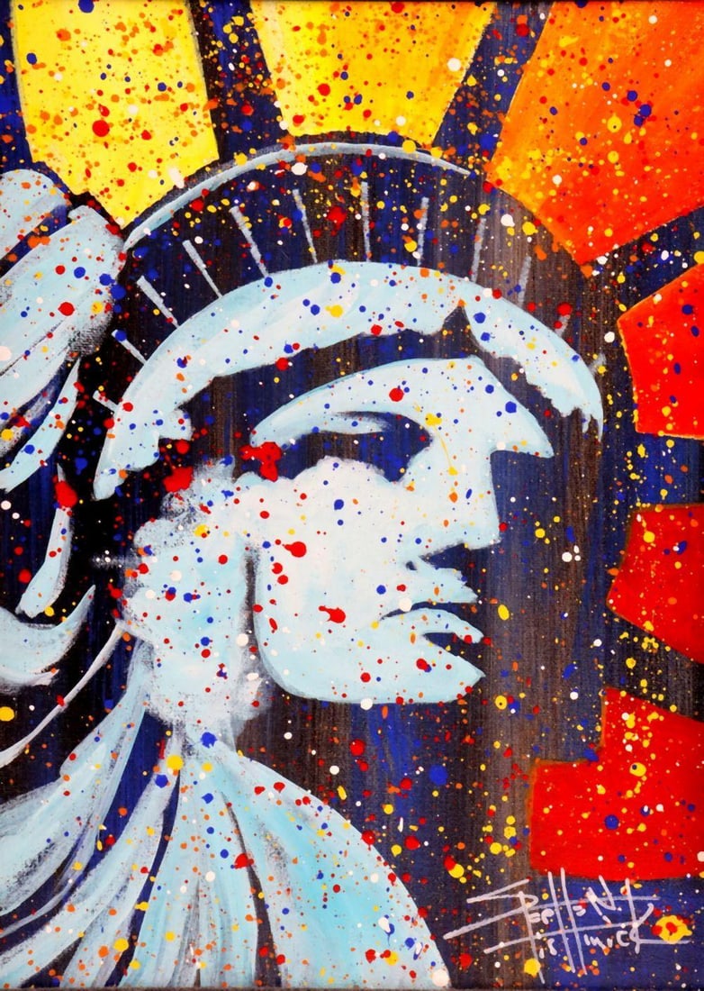 Stephen Fishwick (American, b. 1969) "Statue of Liberty" Acrylic on Canvas: Stephen Fishwick (American, b. 1969) Statue of Liberty Acrylic on canvas 13 1/2" H x 10 1/2" W Framed: 23" H x 20" W An acrylic on canvas painting titled Statue of Liberty by American