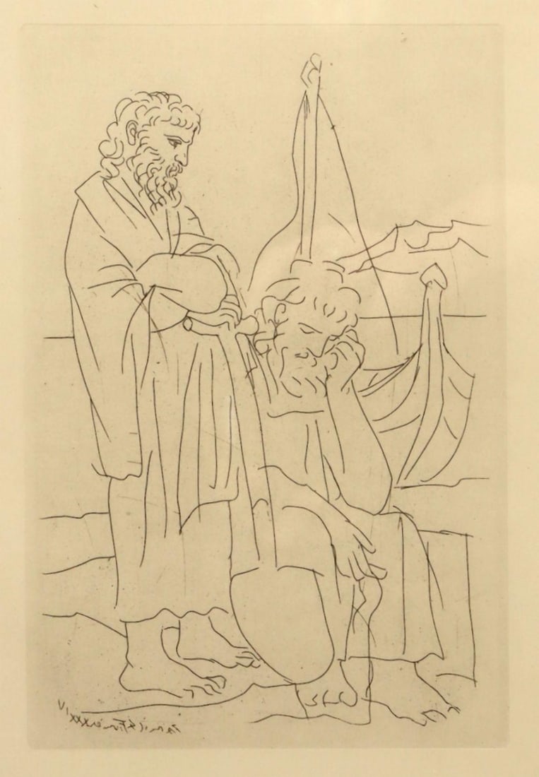 Pablo Picasso "Two Old Men & a Sailboat" Etching: Pablo Picasso (Spanish, 1881–1973) Two Old Men & a Sailboat Etching 20th century 5" W x 7 1/2" H An etching depicting two elderly figures alongside a sailboat, rendered with Picasso&