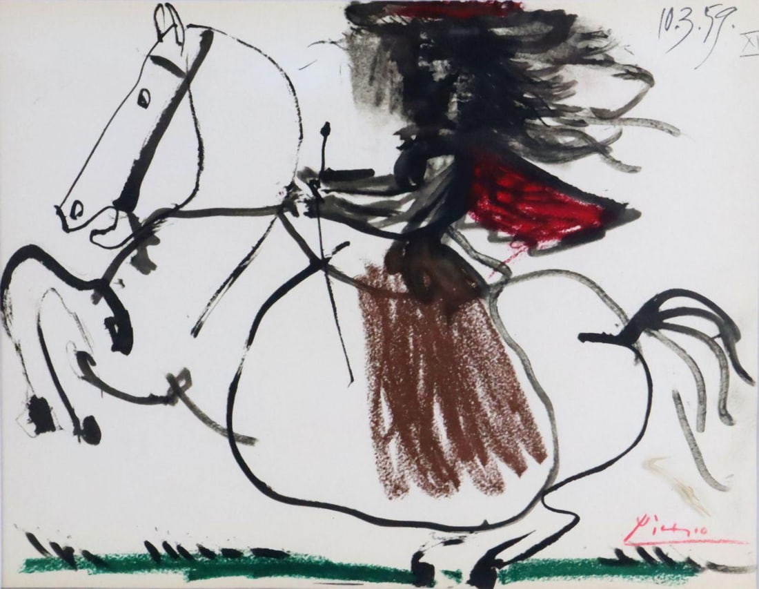 Pablo Picasso "Jacqueline on a Horse" Lithograph: Pablo Picasso (Spanish, 1881–1973) Jacqueline on a Horse Lithograph Dated 1959 13 1/4" W x 10 1/2" H A lithograph depicting Jacqueline seated on a horse, crafted in Picasso’s expre