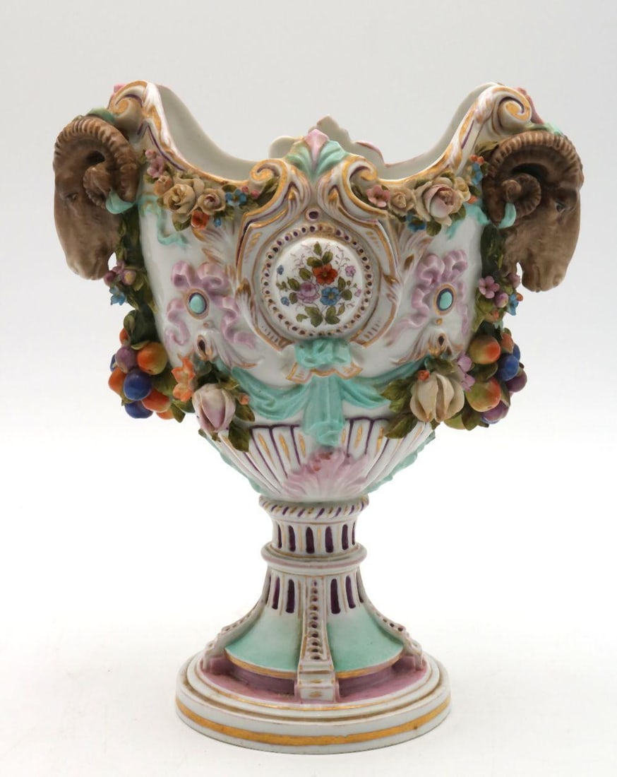 Antique Triebner, Ens & Eckert Porcelain Centerpiece: Triebner, Ens & Eckert Porcelain Centerpiece German 19th C. Approximately 9" H x 7 1/2" W x 5 1/2" D An antique German hand painted porcelain centerpiece by Triebner, Ens & Eckert,