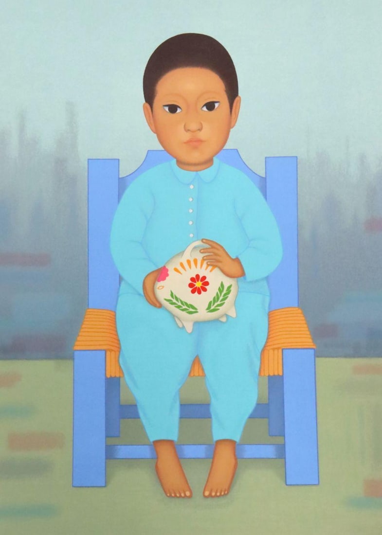 Gustavo Montoya "Nino con Conchinito" Serigraph: Gustavo Montoya (Mexican, 1905–2003) Nino con Conchinito Serigraph 21 1/8" W x 27 1/8" H A serigraph titled Nino con Conchinito by Mexican artist Gustavo Montoya, depicting a child with 