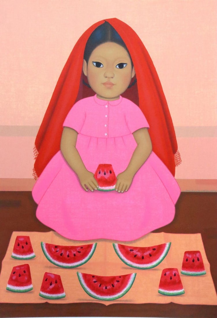 Gustavo Montoya "Sandias" Serigraph: Gustavo Montoya (Mexican, 1905–2003) Sandias Serigraph Measurements: 27 1/8" H x 21 1/8" W A serigraph titled Sandias by Mexican artist Gustavo Montoya, depicting still life imagery rend