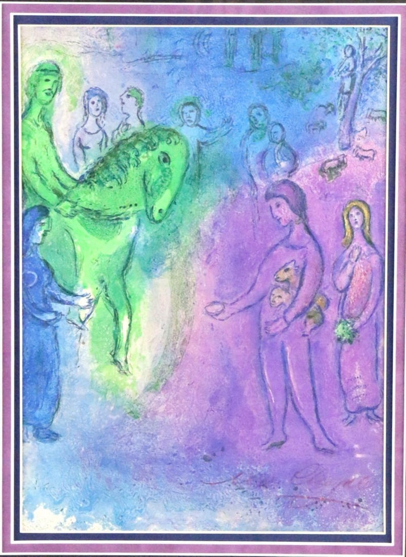 Marc Chagall "Arrival of Dionysophanes" Lithograph: Marc Chagall (Russian/French, 1887–1985) Arrival of Dionysophanes Lithograph on paper 13" H x 9" W Framed: 24 3/4" H x 21 3/8" W A lithograph by Marc Chagall, titled Arrival of D