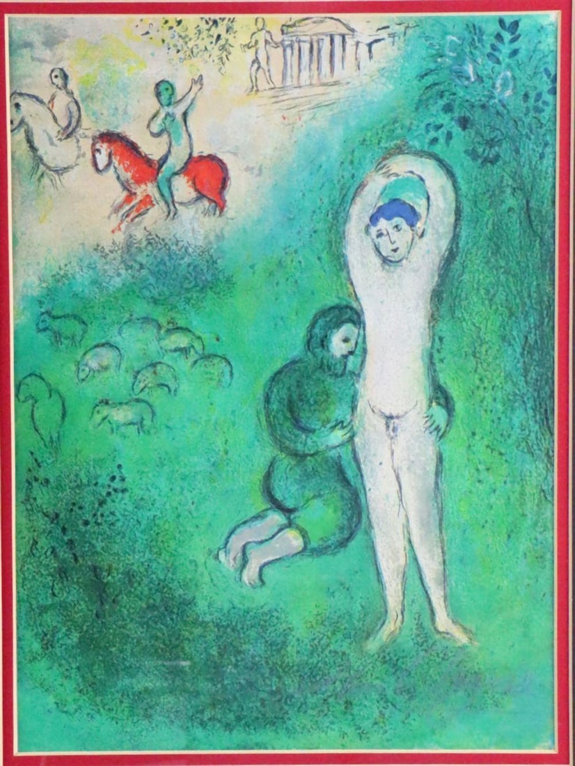 Marc Chagall "Daphnis and Chloe: Daphnis and Gnathon" Lithograph: Marc Chagall (Russian/French, 1887–1985) Daphnis and Chloe: Daphnis and Gnathon Lithograph on paper 13" H x 9" W Framed: 24 1/2" H x 21 1/2" W A lithograph by Marc Chagall from t
