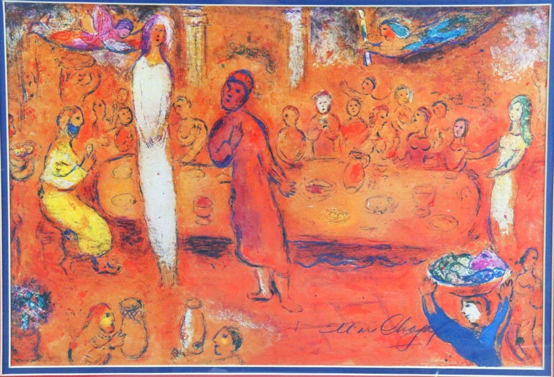 Marc Chagall "Megacles Recognizes His Daughter" Lithograph: Marc Chagall (Russian/French, 1887–1985) Megacles Recognizes His Daughter Lithograph on paper 13" H x 20" W Framed: 24 1/2" H x 30 3/4" W A lithograph by Marc Chagall, titled Meg