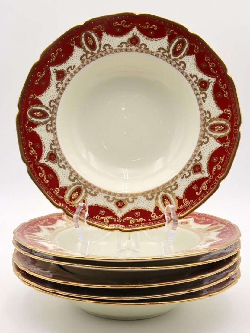 6 Pc. Antique Royal Doulton Porcelain Cream Soup Bowls: Set of 6 Royal Doulton Porcelain Cream Soup Bowls English 19th Century 9 1/4" Dia. A set of six porcelain cream soup bowls in a rich crimson ground, decorated with intricate gilt ornamentation. Ea