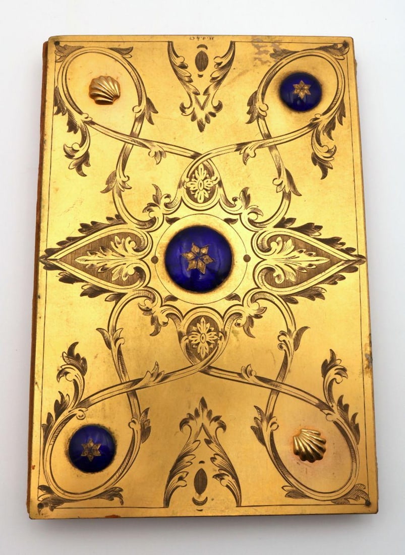 Antique French Bronze & Blue Enamel Photo Album: H.J. & Co. Bronze and Blue Enamel Photo Album French 19th C. Measurements: Approximately 9" x 6 1/4" An antique French photo album by H.J. & Co., crafted in bronze and decorated with b