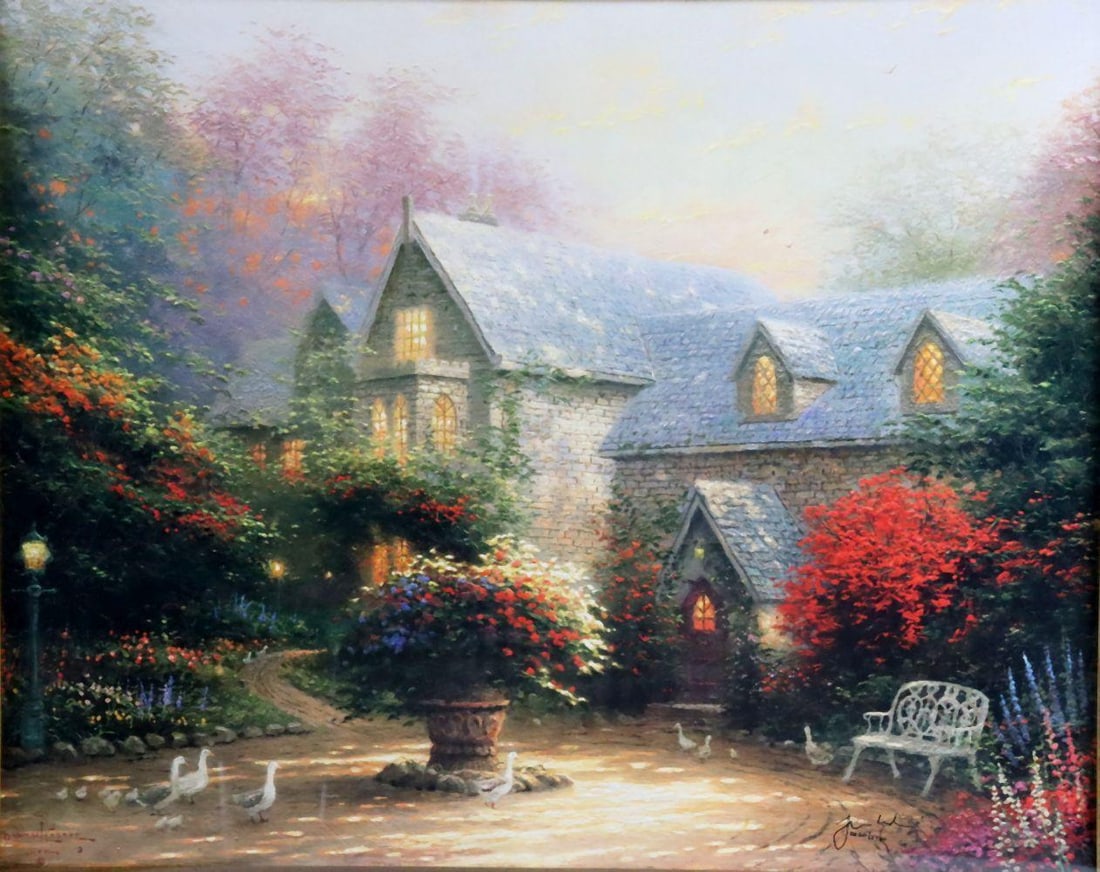 Thomas Kinkade (American, 1958–2012) "Blessings of Spring" Lithograph: Thomas Kinkade (American, 1958–2012) Blessings of Spring Lithograph Numbered 2620/2750 Framed: 27 3/4" H x 31 3/4" W A lithograph titled Blessings of Spring by American artist Thomas Kin