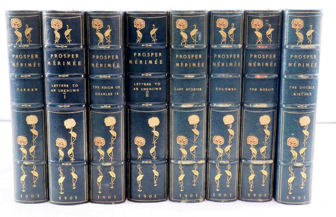 Prosper Mérimée "The Writings of Prosper Mérimée" Complete 8 Volume Set: Prosper Mérimée (French, 1803–1870) The Writings of Prosper Mérimée, Complete in Eight Volumes London, 1905 Eight volumes, octavo, bound in uniform dark green morocco, gilt-t