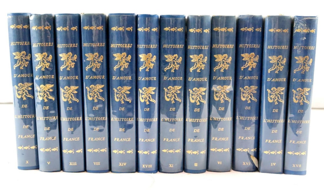 Guy Breton "Histoires d’amour de l’histoire de France" 12 Volume Set: Guy Breton (French, 1918–2005) Histoires d’amour de l’histoire de France France, 20th century Complete twelve volume set, uniformly bound in blue leather with gilt-tooled spines, fea