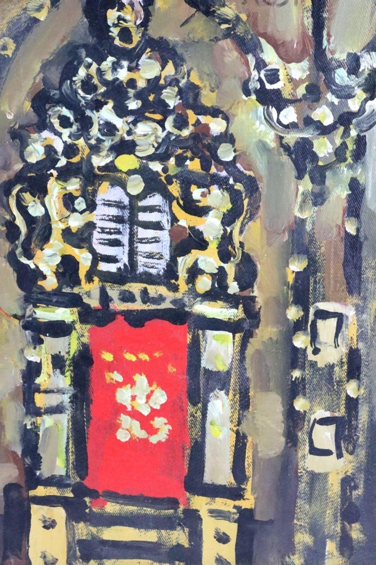 Jacob Wexler (Israeli, 1912–1995) "Synagogue" Oil on Canvas: Jacob Wexler (Israeli, 1912–1995) Synagogue Oil on canvas 13 7/8" H x 10 1/8" W Framed: 23 1/4" H x 19 1/4" W An oil painting on canvas by Israeli artist Jacob Wexler, titled Syn