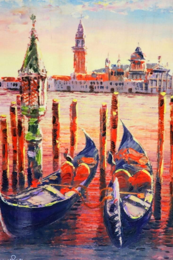 Sam Park (American, b. 1949) "Gondola" EMB Dye Sublimation on Wood: Sam Park (American, b. 1949) Gondola EMB dye sublimation on wood Framed: 21" H x 18" W An EMB dye sublimation on wood titled Gondola by American artist Sam Park. The composition presents a sty