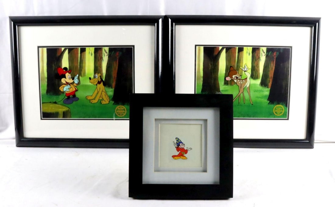 Walt Disney Studios (American, 20th century) Three Animation Cel Lithographs: Walt Disney Studios (American, 20th century) Three Animation Cel Lithographs Lithographs One framed: 10 1/4" H x 10 1/4" W Two framed: 18" H x 21" W A group of three Disney animation c