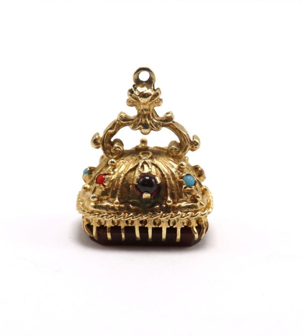 Vintage 14Kt Yellow Gold & Multi-Precious Seal Fob Charm: Vintage 14Kt Yellow Gold & Multi-Precious Seal Fob Charm 14Kt Yellow Gold and Multi-Precious Stones Weight: approx. 9 dwt A vintage 14Kt yellow gold seal fob charm accented with multi-precious sto