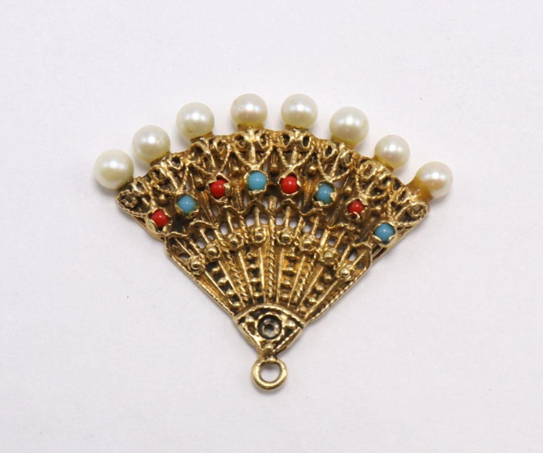 Vintage 14Kt Yellow Gold & Multi-Precious Fan Charm (1 of 1)