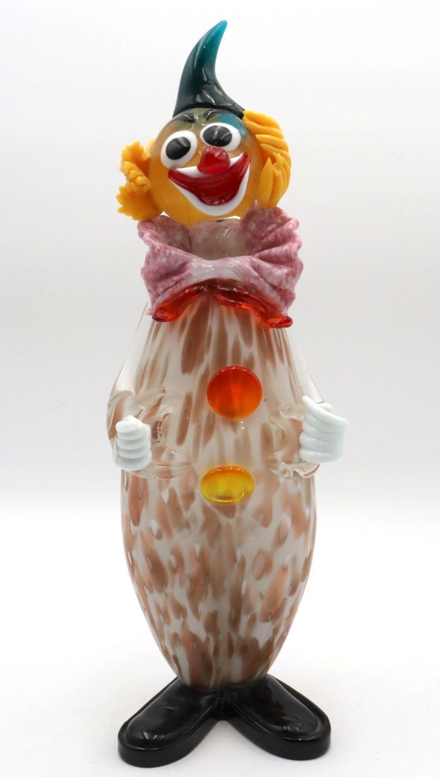 Vintage Italian Murano Art Glass Clown Sculpture: Murano Art Glass Clown Sculpture Italian 20th Century. 15 1/4" H x 5 1/2" W A vintage Italian Murano art glass sculpture depicting a clown, executed in colorful blown glass with elongated form