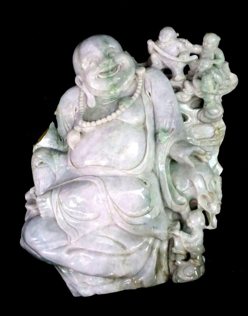 Chinese Hand Carved Jadeite Buddha Figure: Chinese Jadeite “Happy” Buddha with Attendants In the manner of the Qing Dynasty 14 1/2" H x 14 1/2" W A Chinese hand carved jadeite sculpture depicting a “Happy” Buddh